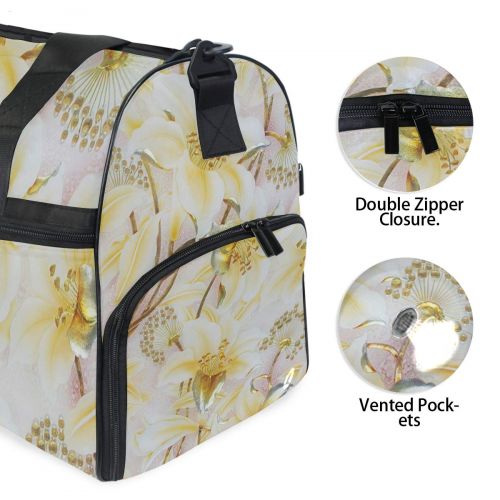  Maolong Elegant Golden Lily Blossom Travel Duffel Bag for Men Women Large Weekender Bag Carry-on Luggage Tote Overnight Bag