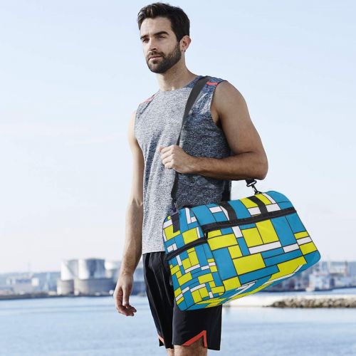  Maolong Blue Yellow White Plaid Pattern Travel Duffel Bag for Men Women Large Weekender Bag Carry-on Luggage Tote Overnight Bag