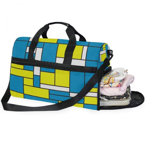  Maolong Blue Yellow White Plaid Pattern Travel Duffel Bag for Men Women Large Weekender Bag Carry-on Luggage Tote Overnight Bag