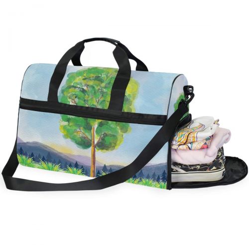  Maolong Watercolor Tree Grass Hill Travel Duffel Bag for Men Women Large Weekender Bag Carry-on Luggage Tote Overnight Bag