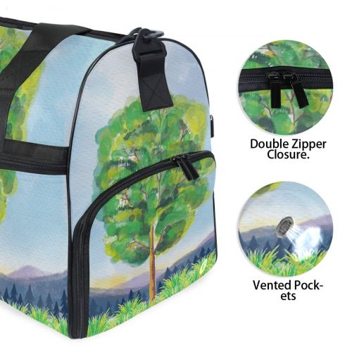  Maolong Watercolor Tree Grass Hill Travel Duffel Bag for Men Women Large Weekender Bag Carry-on Luggage Tote Overnight Bag