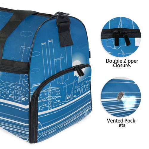  Maolong Simple Blue Line City Travel Duffel Bag for Men Women Large Weekender Bag Carry-on Luggage Tote Overnight Bag