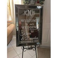 Maple Enterprise Wedding Welcome Mirror Vinyl Decal Sign Customized Bride and Groom Name (White, 20 X 32)