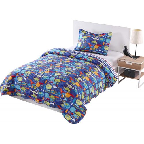  [아마존베스트]MarCielo 2 Piece Kids Bedspread Quilts Set Throw Blanket for Teens Boys Girls Bed Printed Bedding Coverlet, Twin Size, Dinosaur (Twin)