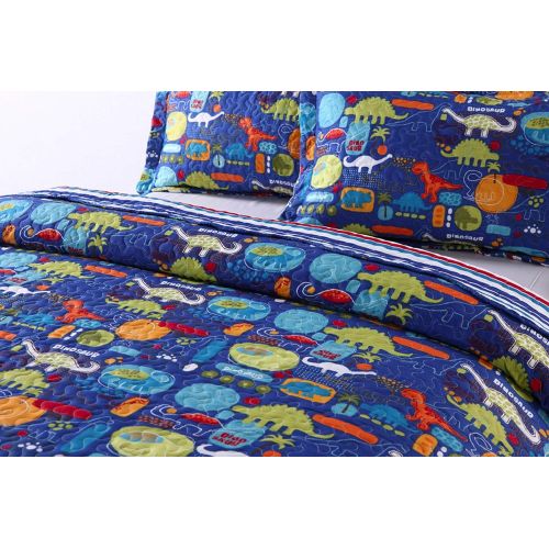  [아마존베스트]MarCielo 2 Piece Kids Bedspread Quilts Set Throw Blanket for Teens Boys Girls Bed Printed Bedding Coverlet, Twin Size, Dinosaur (Twin)