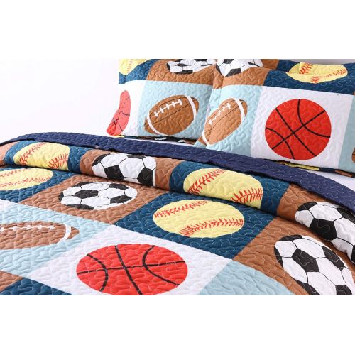  [아마존베스트]MarCielo 2 Piece Kids Bedspread Quilts Set Throw Blanket for Teens Boys Bed Printed Bedding Coverlet, Twin Size, Blue Basketball Football Sports, American Football (Twin)