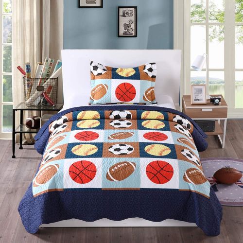  [아마존베스트]MarCielo 2 Piece Kids Bedspread Quilts Set Throw Blanket for Teens Boys Bed Printed Bedding Coverlet, Twin Size, Blue Basketball Football Sports, American Football (Twin)