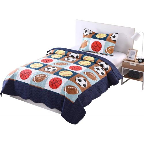  [아마존베스트]MarCielo 2 Piece Kids Bedspread Quilts Set Throw Blanket for Teens Boys Bed Printed Bedding Coverlet, Twin Size, Blue Basketball Football Sports, American Football (Twin)
