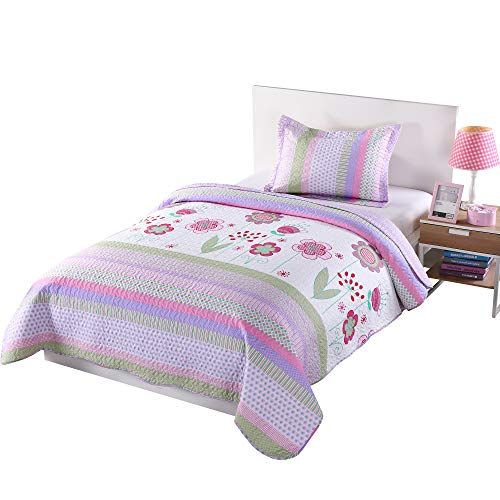  [아마존베스트]MarCielo 2 Piece Kids Bedspread Quilts Set Throw Blanket for Teens Girls Bed Printed Bedding Coverlet, Twin Size, Purple Floral Striped (Twin)