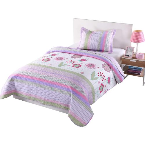  [아마존베스트]MarCielo 2 Piece Kids Bedspread Quilts Set Throw Blanket for Teens Girls Bed Printed Bedding Coverlet, Twin Size, Purple Floral Striped (Twin)