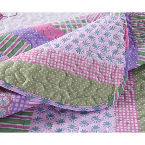  [아마존베스트]MarCielo 2 Piece Kids Bedspread Quilts Set Throw Blanket for Teens Girls Bed Printed Bedding Coverlet, Twin Size, Purple Floral Striped (Twin)