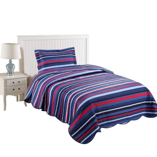  MarCielo 2 Piece Kids Bedspread Quilts Set Throw Blanket for Teens Boys Girls Bed Printed Bedding Coverlet, Twin Size (Navy Blue Ocean Breeze)