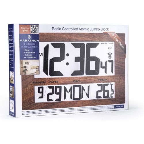  Marathon CL030025 Commercial Grade Jumbo Atomic Wall Clock with 6 Time Zones, Indoor Temperature & Date