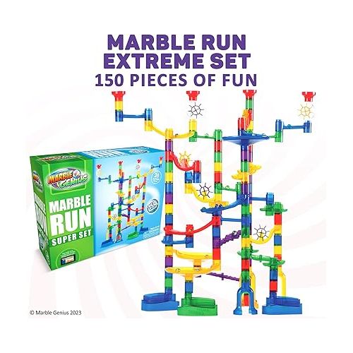  Marble Genius Marble Run - Maze Track Easter Toys for Adults, Teens, Toddlers, or Kids Aged 4-8 Years Old, 150 Complete Pieces (85 Translucent Marbulous Pieces + 65 Glass-Marble Set), Super Set