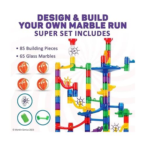  Marble Genius Marble Run - Maze Track Easter Toys for Adults, Teens, Toddlers, or Kids Aged 4-8 Years Old, 150 Complete Pieces (85 Translucent Marbulous Pieces + 65 Glass-Marble Set), Super Set