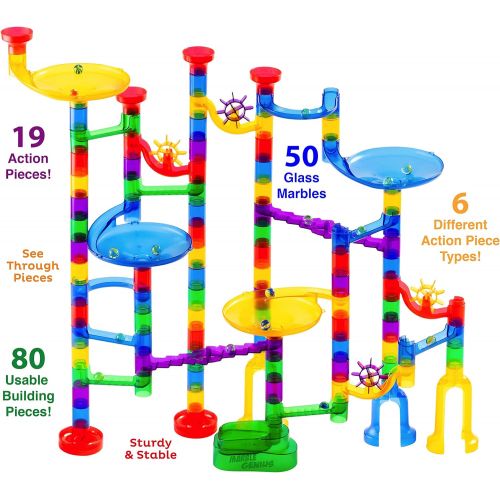  [아마존베스트]Marble Genius Marble Run Starter Set - 130 Complete Pieces + Free Instruction App (80 Translucent Marbulous Pieces + 50 Glass Marbles)