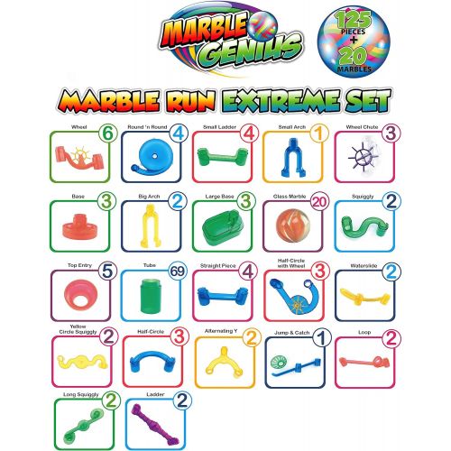  [아마존베스트]Marble Genius Marble Run Extreme Set - 145 Complete Pieces + Free Instruction App (125 Translucent Marbulous Pieces + 20 Glass Marbles)