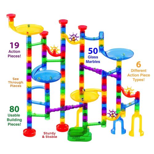  Marble Genius Marble Run Starter Set - 130 Complete Pieces + Free Instruction App (80 Translucent Marbulous Pieces + 50 Glass Marbles)