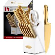 Marco Almond® Gold Knife Set, Knife Block Set MA21,Titanium Coated 14 Pieces Stainless Steel Chef Gold Kitchen Knife Sets with White Block