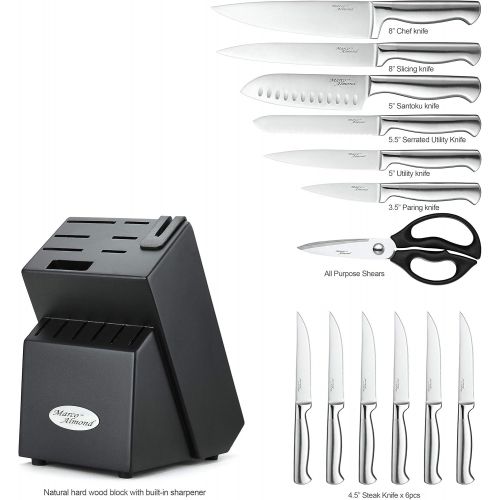  [아마존 핫딜] Marco Almond KYA28 Knife Set, 14 Pieces Japanese High Carbon Stainless Steel Cutlery Kitchen Knife Set with Hardwood Block, Hollow Handle Self Sharpening Knife Block Set, Black, Be