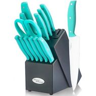 Marco Almond Knife Block Set, 14 Piece Kitchen Knife Set with Wooden Block, Stainless Steel Knife Set, Built-in Knife Sharpener, 6pcs Steak Knife Kitchen Scissor Chef Knife Inside, Turquoise