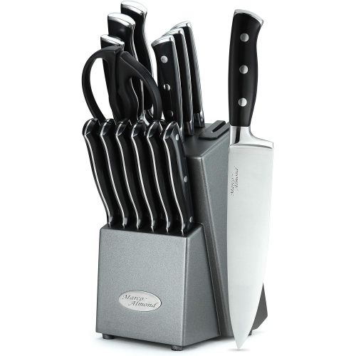  Marco Almond KYA31 Japanese Stainless Steel Knives Set, 14 Pieces Cutlery Set Kitchen Knife Sets in Hard Wood Block with Built in Sharpener, Full Tang Knife Block Set, Graphite Blo