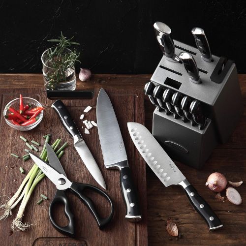  Marco Almond KYA31 Japanese Stainless Steel Knives Set, 14 Pieces Cutlery Set Kitchen Knife Sets in Hard Wood Block with Built in Sharpener, Full Tang Knife Block Set, Graphite Blo