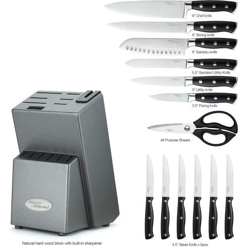  Marco Almond KYA31 Japanese Stainless Steel Knives Set, 14 Pieces Cutlery Set Kitchen Knife Sets in Hard Wood Block with Built in Sharpener, Full Tang Knife Block Set, Graphite Blo