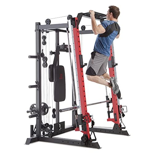  Marcy Smith Machine Cage System Home Gym Multifunction Rack, Customizable Training Station SM-4033, Red