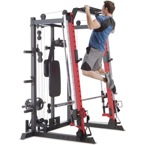  Marcy Smith Machine Cage System Home Gym Multifunction Rack, Customizable Training Station SM-4033, Red