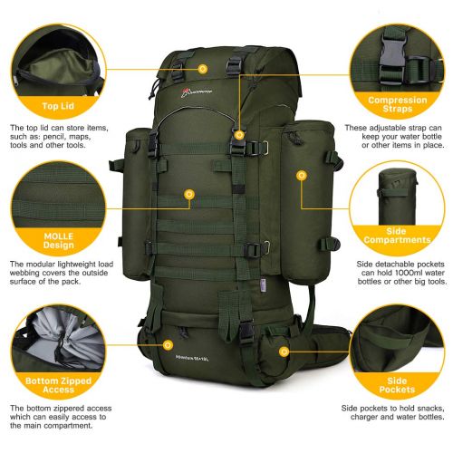  Mardingtop 65+10L/65L Mochila de marco interno tactico militar mochila para camping, senderismo, viajes con cubierta de lluvia, YKK cremallera YKK hebilla