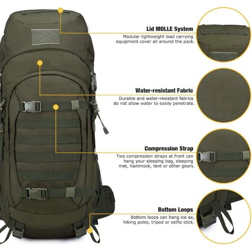  Mardingtop 65+10L65L Internal Frame Backpack Tactical Military Molle Rucksack for Camping Hiking Traveling with Rain Cover, YKK Zipper YKK Buckle