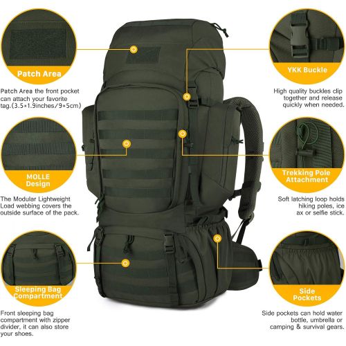  Mardingtop 65+10L65L Internal Frame Backpack Tactical Military Molle Rucksack for Camping Hiking Traveling with Rain Cover, YKK Zipper YKK Buckle