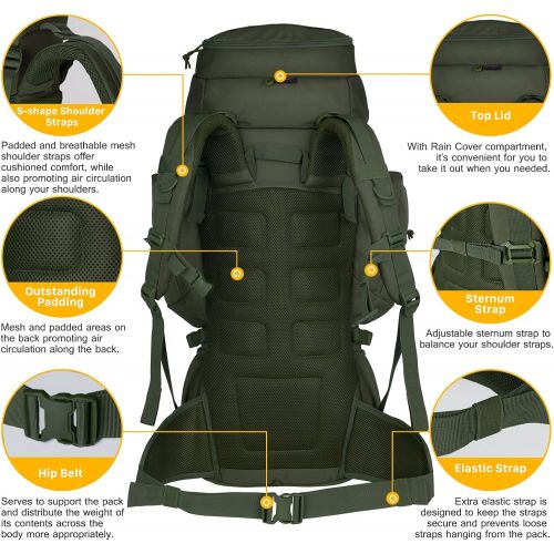  Mardingtop 65+10L65L Internal Frame Backpack Tactical Military Molle Rucksack for Camping Hiking Traveling with Rain Cover, YKK Zipper YKK Buckle