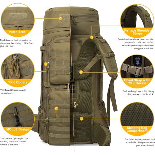  Mardingtop 65+10L65L Internal Frame Backpack Tactical Military Molle Rucksack for Camping Hiking Traveling with Rain Cover, YKK Zipper YKK Buckle