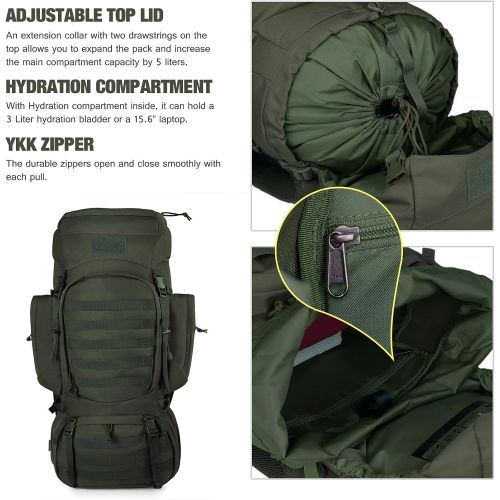  Mardingtop 65+10L65L Internal Frame Backpack Tactical Military Molle Rucksack for Camping Hiking Traveling with Rain Cover, YKK Zipper YKK Buckle