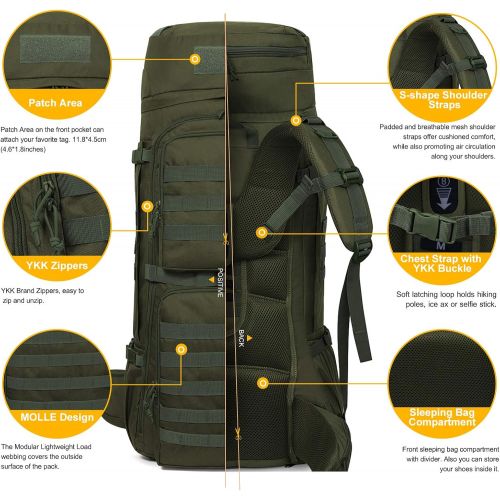  Mardingtop 65+10L65L Internal Frame Backpack Tactical Military Molle Rucksack for Camping Hiking Traveling with Rain Cover, YKK Zipper YKK Buckle