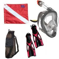 Mares Head Sea Vu Dry Snorkeling Set With Full Face Snorkel Mask SIZE S/M Anti-fog - Sopras Sub PINK Fins size XS-M - 4/8 - Free Legal Diving Flag with Stiffener - Mesh Bag