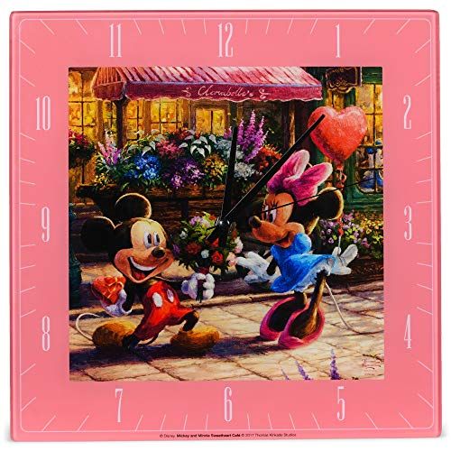  Mark Feldstein & Associates Sweetheart Cafe Mickey Minnie Disney Kinkade Pink 11 inch Glass Square Wall Clock