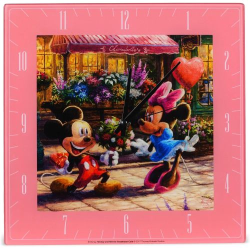  Mark Feldstein & Associates Sweetheart Cafe Mickey Minnie Disney Kinkade Pink 11 inch Glass Square Wall Clock