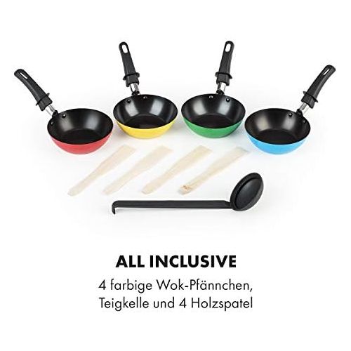  Klarstein Partylette Tischgrill, 3-in-1: Grill/Wok-Raclette/Crepe Maker, Leistung: 1000 W, stufenlos regelbar, 4 Personen, 4 farbige Wok-Pfannchen, Grillflache: 52x28 cm, 4 Crepe-S