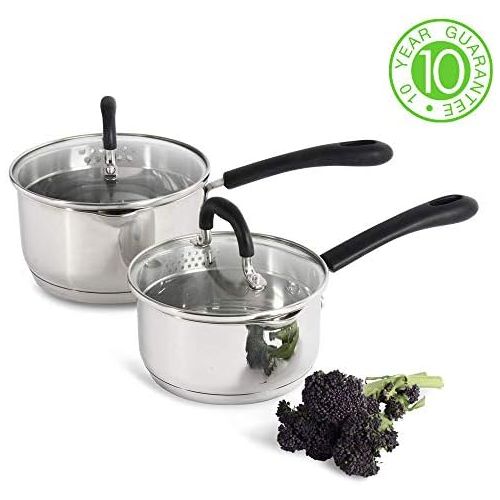  ProCook Gourmet Steel Stielkasserollen Set - mit Deckel - Induktion - Topfset - Edelstahl - mit Abgiessdeckel aus Glas und Schuettrand - Stay-Cool-Griffe - Kochgeschirr - 2-teilig