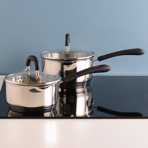  ProCook Gourmet Steel Stielkasserollen Set - mit Deckel - Induktion - Topfset - Edelstahl - mit Abgiessdeckel aus Glas und Schuettrand - Stay-Cool-Griffe - Kochgeschirr - 2-teilig