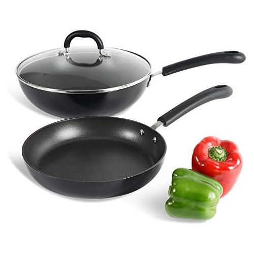  ProCook Gourmet Non-Stick Wok und Bratpfanne - mit Deckel - Induktion - Topfset - mit Antihaftbeschichtung - mit Deckel aus Glas - Stay-Cool Silikongriff - 2-teilig mit Pfanne