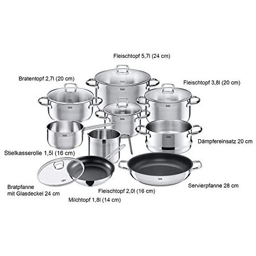  Silit Toskana Topfset 10-teilig, Toepfe mit Glasdeckel, Induktionstoepfe, Milchtopf, Dampfeinsatz, Pfanne beschichtet, Edelstahl teilmattiert, Topf Induktion, unbeschichtet