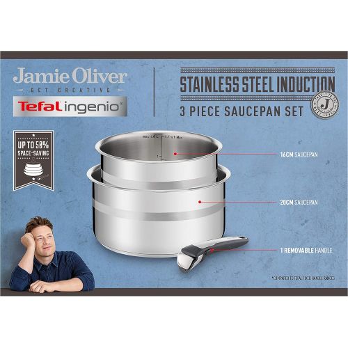 테팔 Tefal L95693 Ingenio Jamie Oliver Topfset, 3-teilig, Topf mit Ø 16 cm und Ø 18 cm, abnehmbarer Griff, kompatibel mit allen Herdarten, Edelstahl