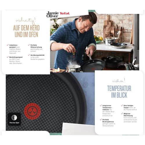 테팔 Tefal T Tefal G435S7 Jamie Oliver Induktion Pfannenset 6-teilig 24 und 28cm + Glasdeckel 28cm + Schmorpfanne 25cm mit Deckel + Pfannenwender, Antihaft Pfannen, Induktionsherd geeignet, Ede