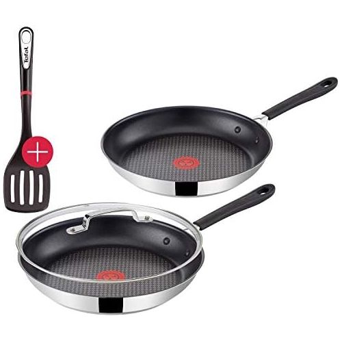 테팔 Tefal G435S2 Jamie Oliver Induktion Pfannenset 4-teilig 24 und 28 cm + Jamie Oliver Glasdeckel 28cm und Ingenio Pfannenwender, Antihaft Pfanne, Induktionsherd geeignet, Genieteter