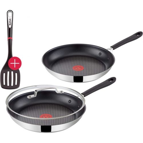 테팔 Tefal G435S2 Jamie Oliver Induktion Pfannenset 4-teilig 24 und 28 cm + Jamie Oliver Glasdeckel 28cm und Ingenio Pfannenwender, Antihaft Pfanne, Induktionsherd geeignet, Genieteter