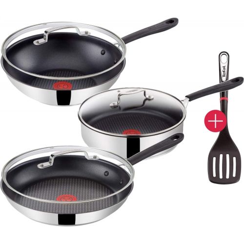 테팔 Tefal G435S8 Jamie Oliver Induktion Pfannenset 7-teilig 28cm Pfanne mit Glasdeckel + Wokpfanne 28cm mit Deckel + Schmorpfanne 25cm mit Deckel, Pfannenwender, Antihaft Pfannen, Indu